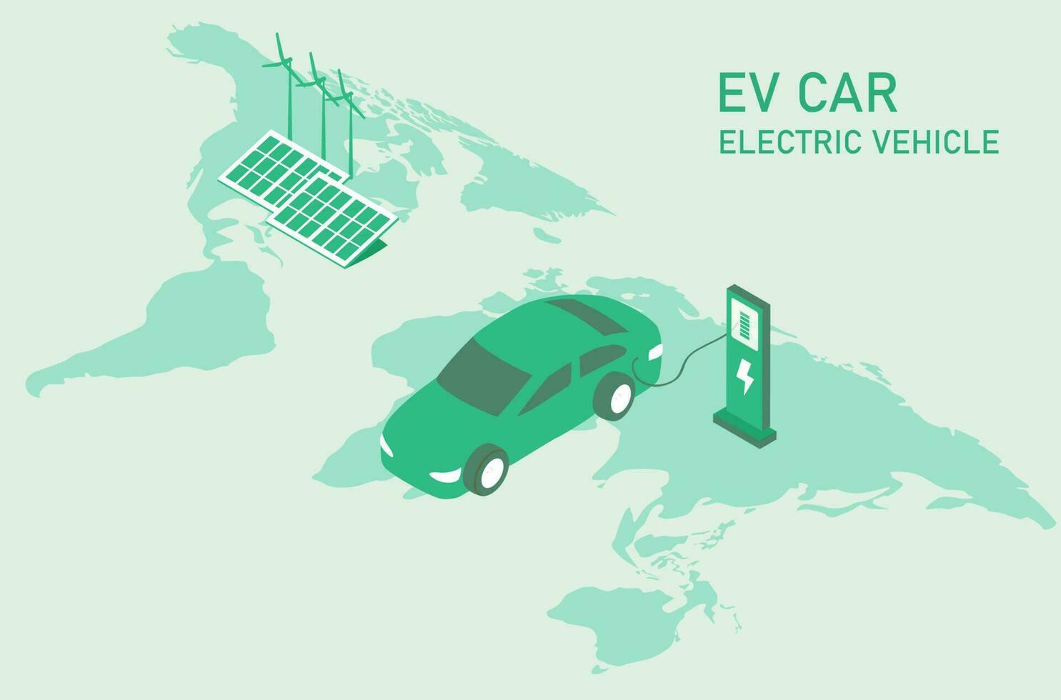 Electric car, EV car, charging battery at electric charging station. Sustainable green energy for ecology environment. Futuristic transportation technology. vector