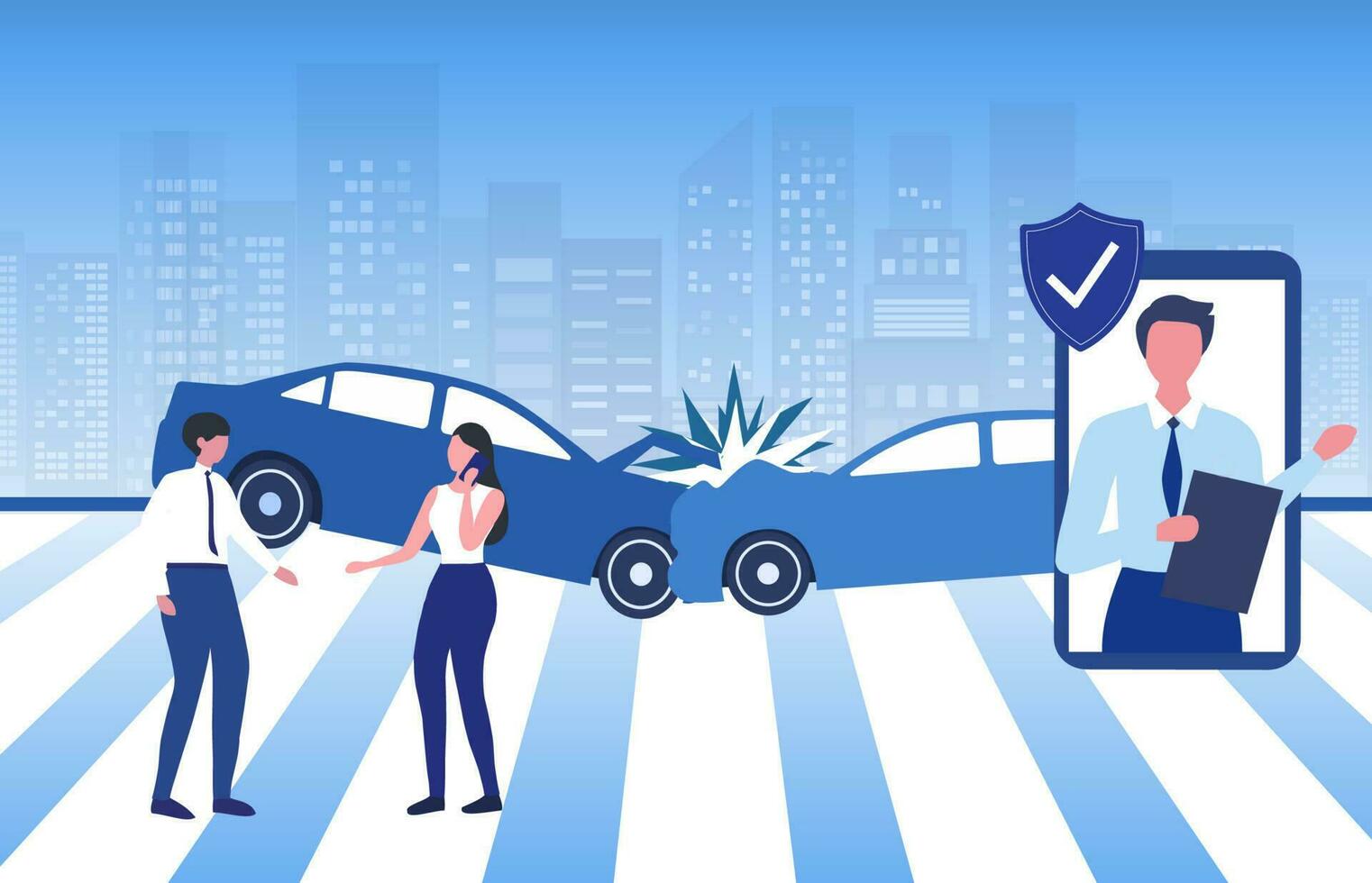 Car accident insurance concept. Two cars crashed and drivers calling to agent for insurance claim vector illustration.