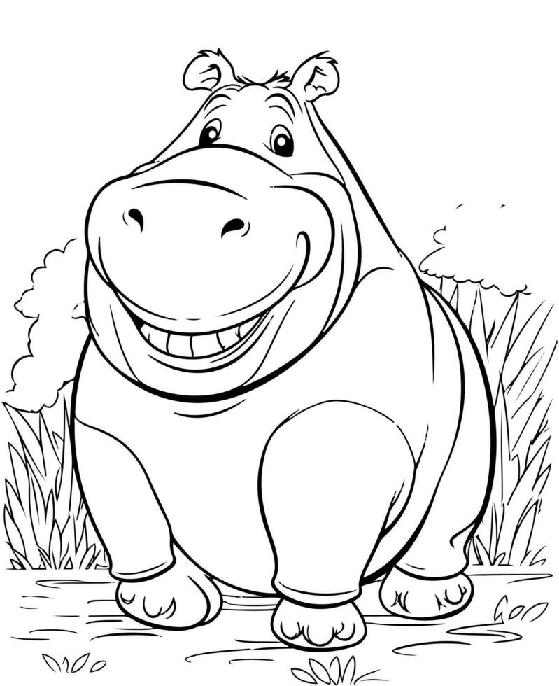 Black and White Cartoon Illustration of  hippopotamus cartoon page, Coloring page for kids and adults. Print design, t-shirt design, tattoo design, mural art. vector