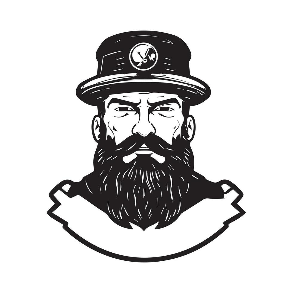 Black and white illustration of a bearded man wearing a hat with a ribbon. vector