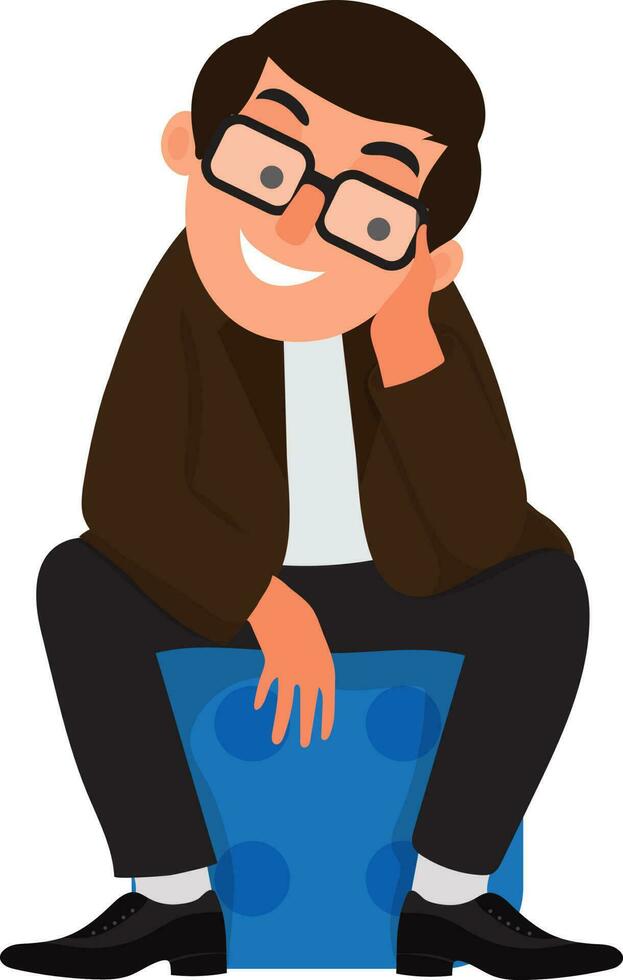 Cheerful businessman sitting on blue dice. vector