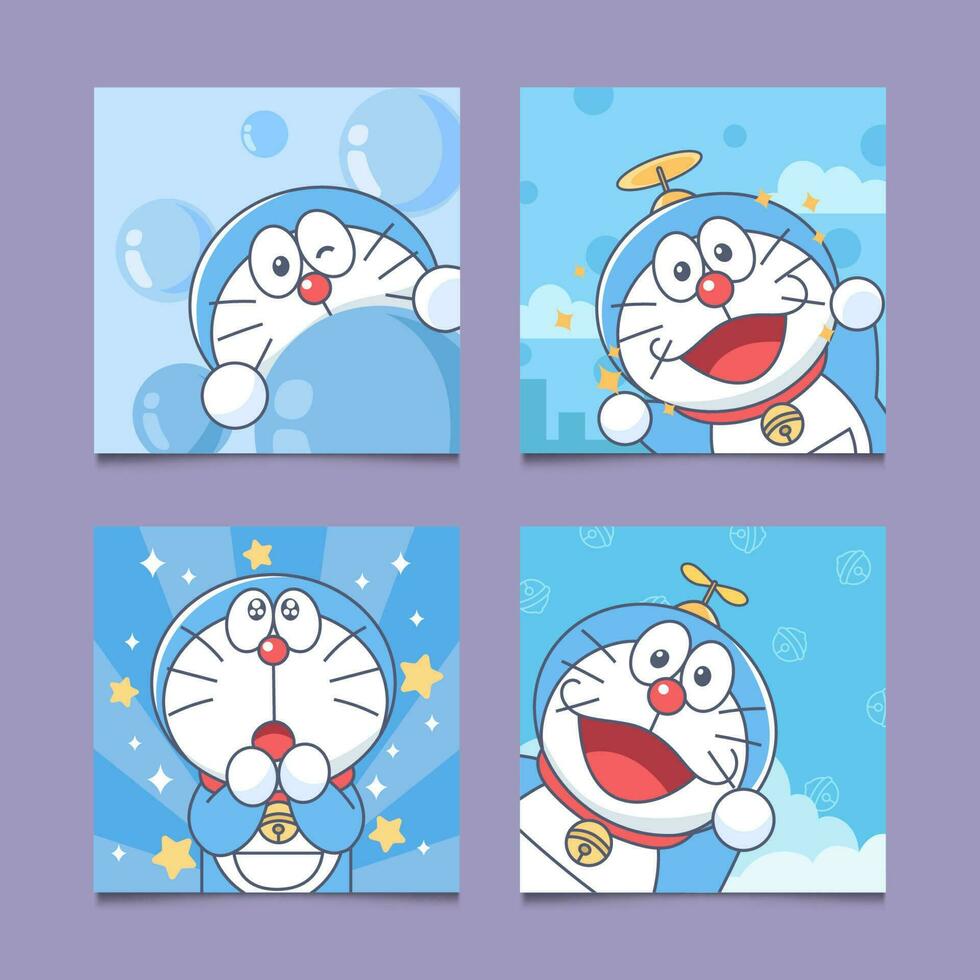 Set of Blue Cat Social Media Post vector