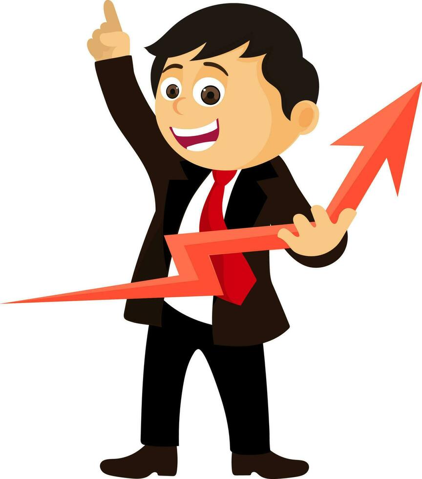 Character of businessman holding growth infographic arrow. vector