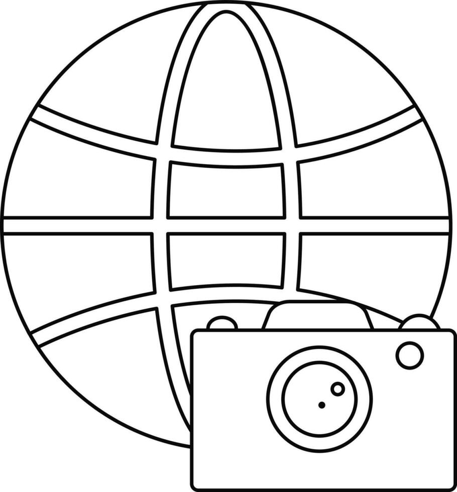 Black line art illustration of earth global with camera. vector