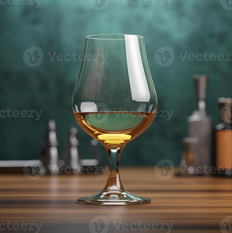 Cognac glass on the table. Tasting advertisement. . Blurred background of bar utensils. photo