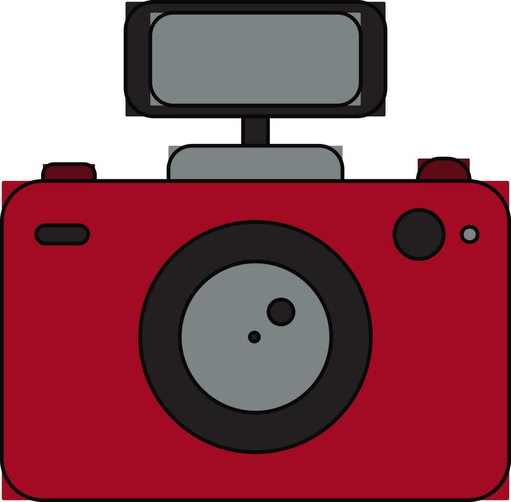 Black line art illustration of a red and grey photo camera with flash