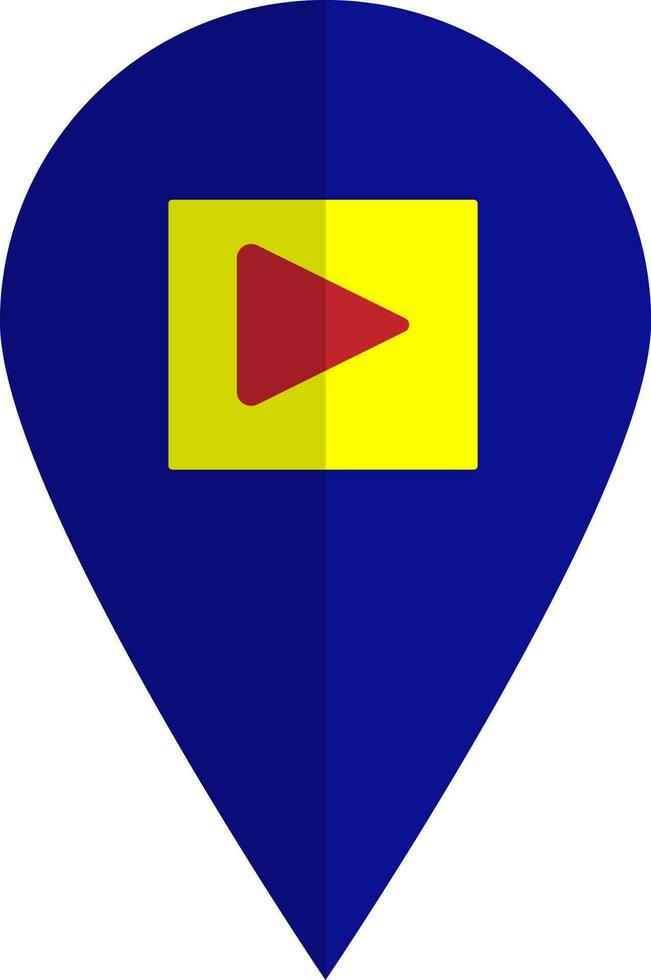 Blue map pointer with red and yellow play button. vector