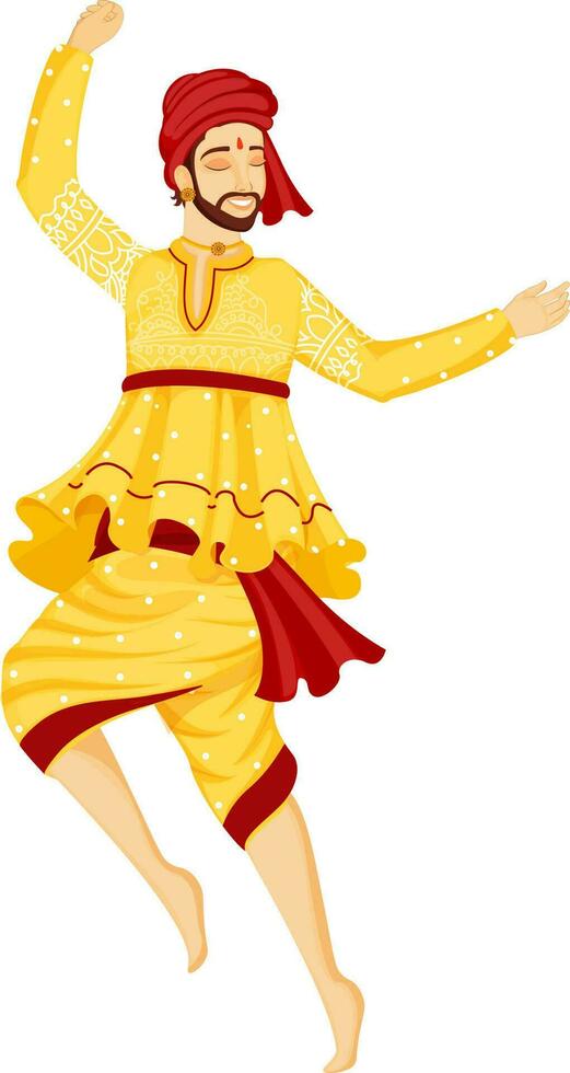 Young man wearing garba dress in dancing pose. vector