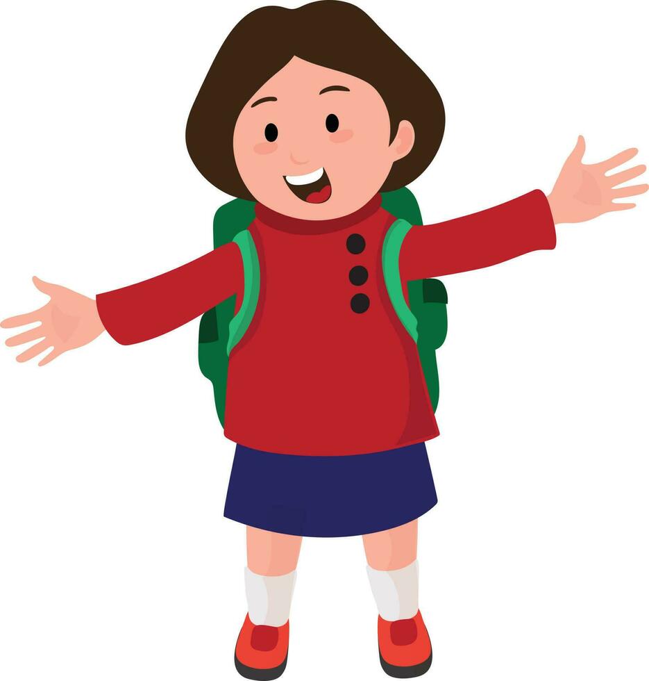 School girl in uniform with school bag over shoulder. vector