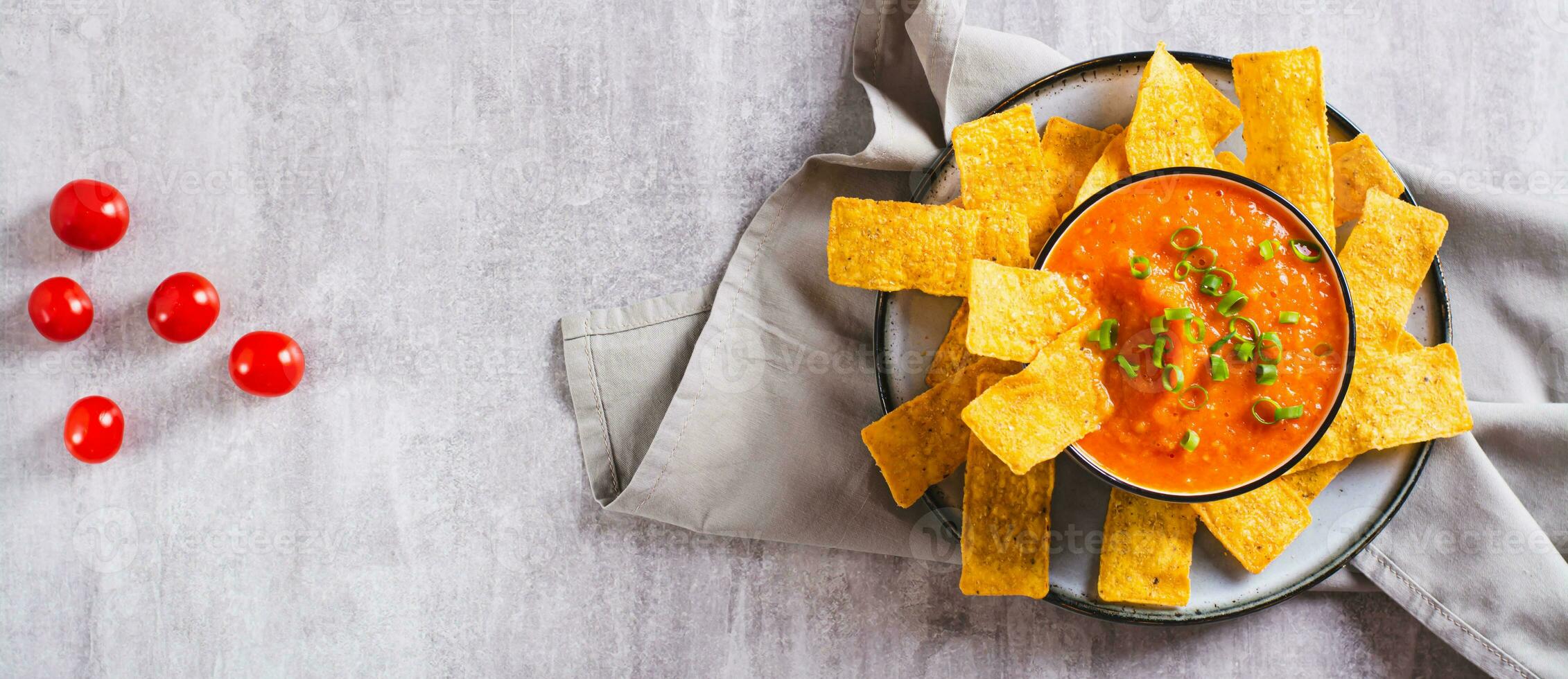 Bowl with mexican tomato salsa and corn chips on the table top view web banner photo