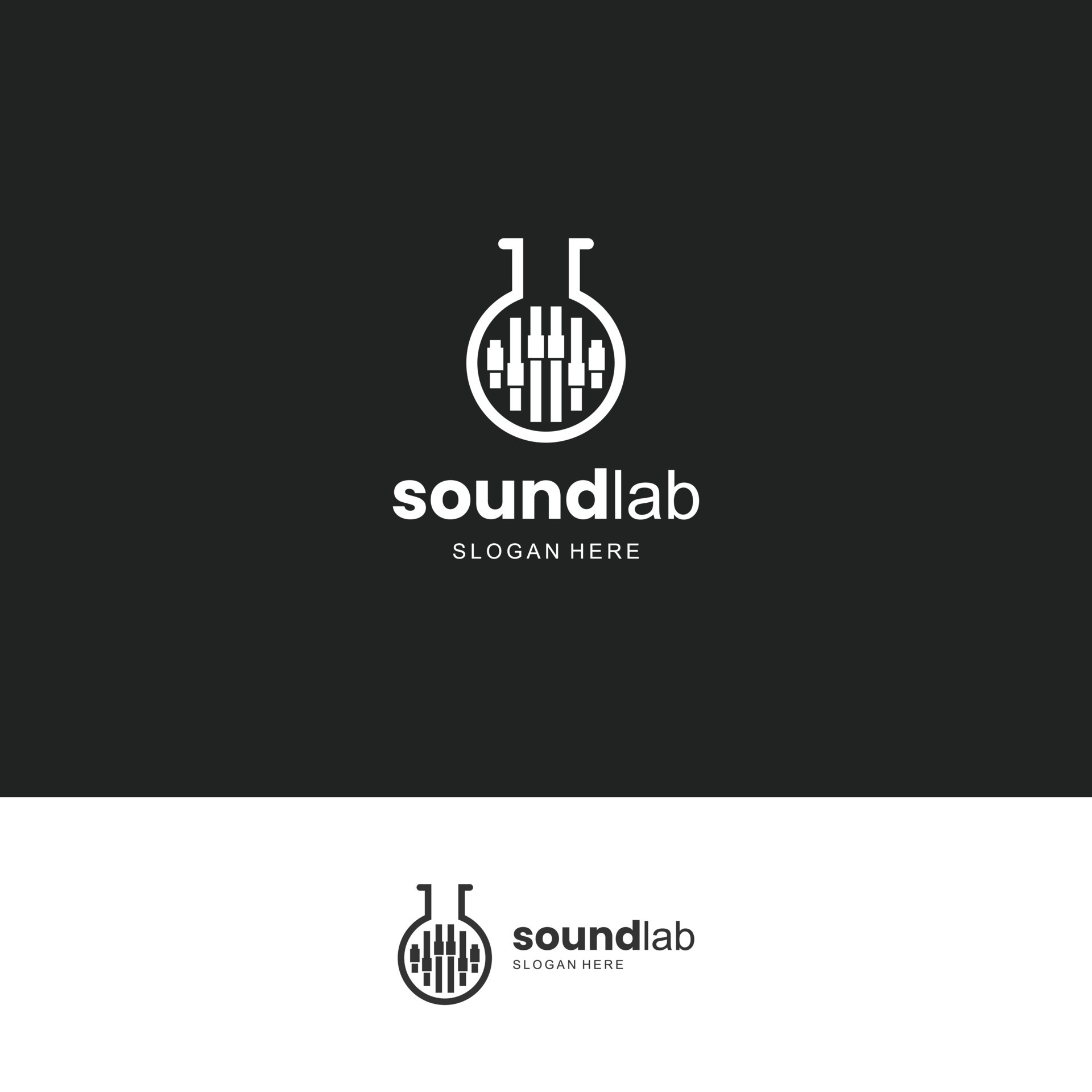 sound lab logo, lab bottle combine with mixer audio logo design