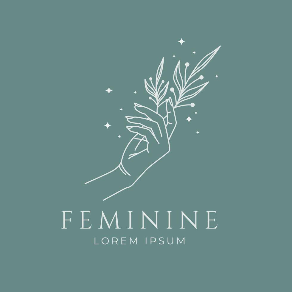 mano y flor resumen logo para belleza cosmético femenino estilo floral minimalista vector diseño