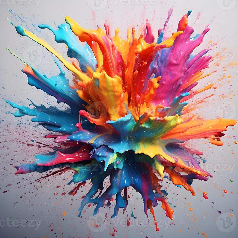 Rainbow colored liquid explosion illustration. Abstract multicolor bright background. Fountain of colors. Dynamic texture painting. Modern futuristic paint splash. photo