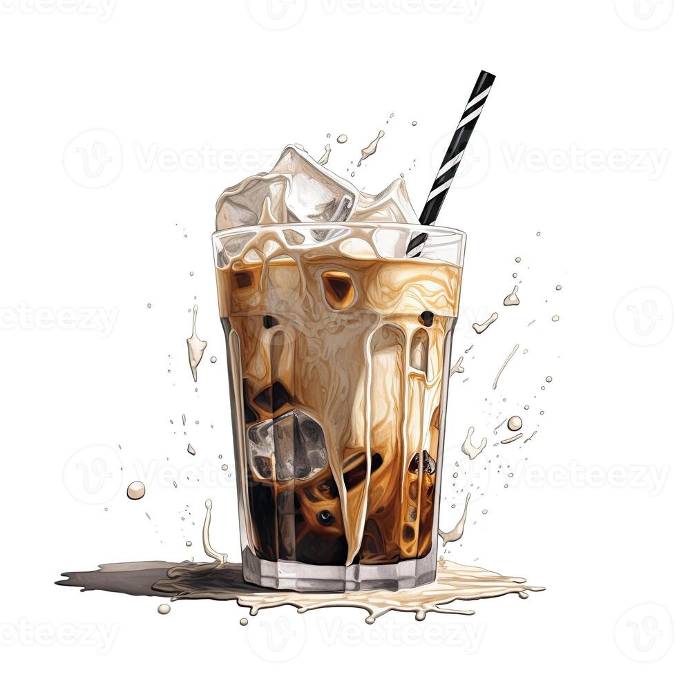 Iced coffee with milk in a glass on white background in sketch style. Summer refreshment drink. photo