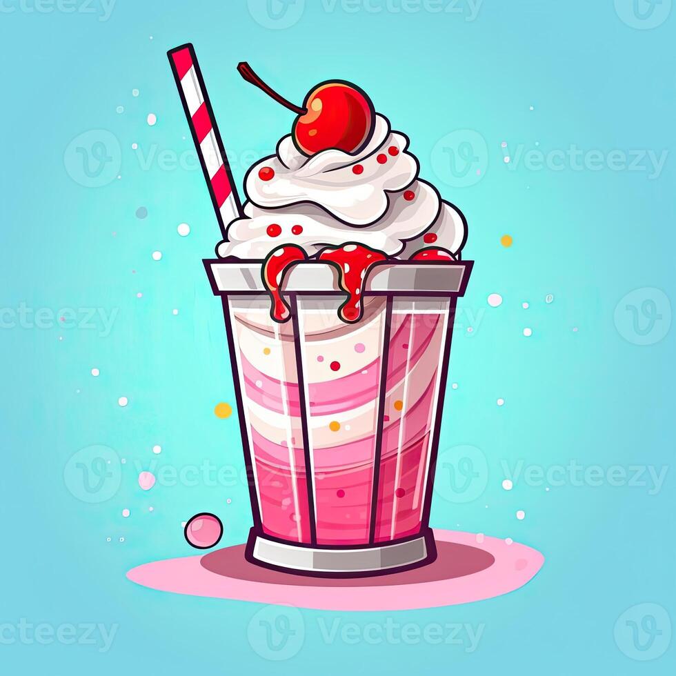 Milkshake strawberry cocktail with whipped cream and cherry. Icon on blue background. Cartoon style. . photo