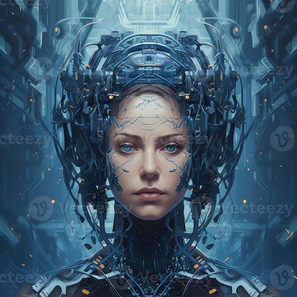 Portrait of a girl with artificial intelligence with an abstract background of space science and technology. photo