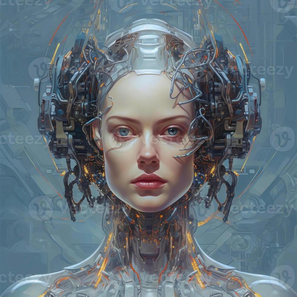 Portrait of a girl with artificial intelligence with an abstract background of space science and technology. Cybernetic organism. photo