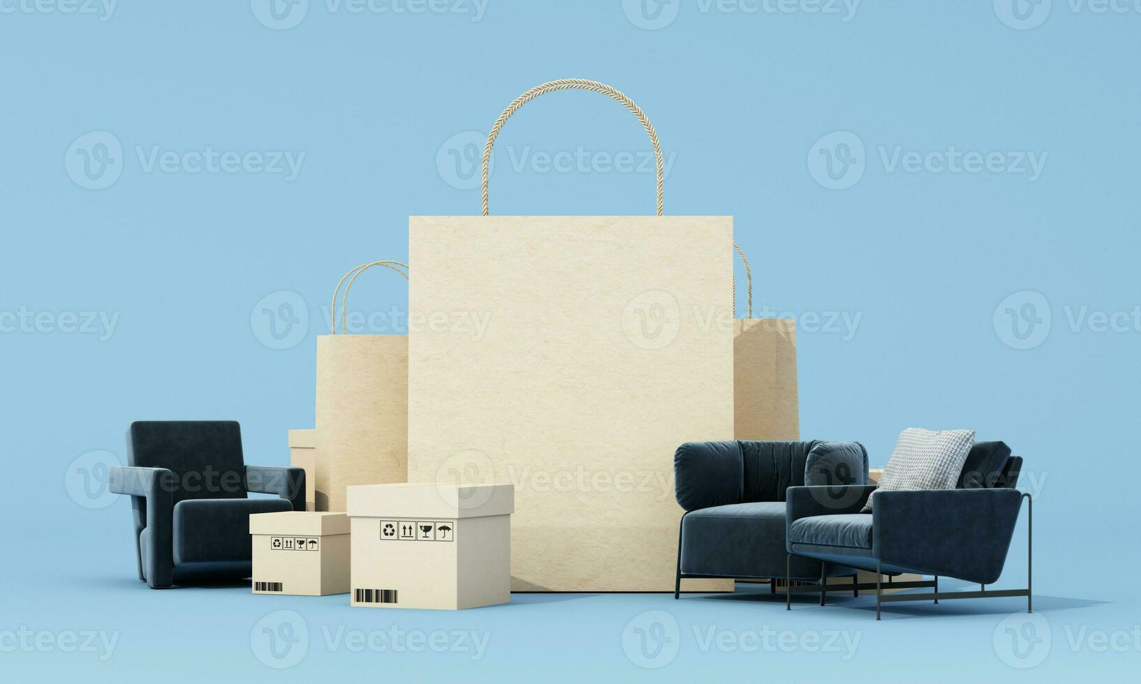 online shopping concept furniture surrounded by sofas, armchairs and fabric chairs, promotion sales for furniture, with shopping bag and shipping box on pastel background. 3d rendering photo