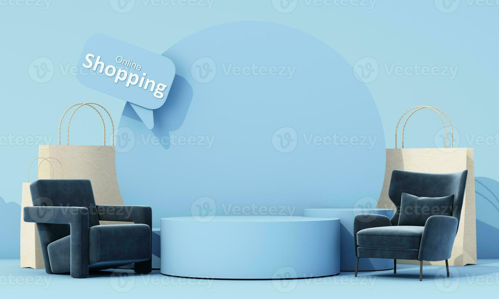 online shopping concept furniture surrounded by sofas, armchairs and fabric chairs, promotion sales for furniture, with shopping bag and shipping box on pastel background. 3d rendering photo