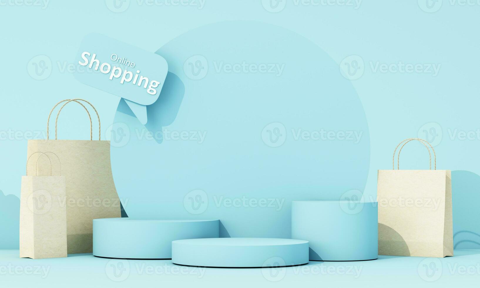 online shopping concept on the stand for product presentation surrounded by shopping bags and shipping boxes, sneakers, hats and sunglasses for men on a pastel blue background. 3d rendering photo