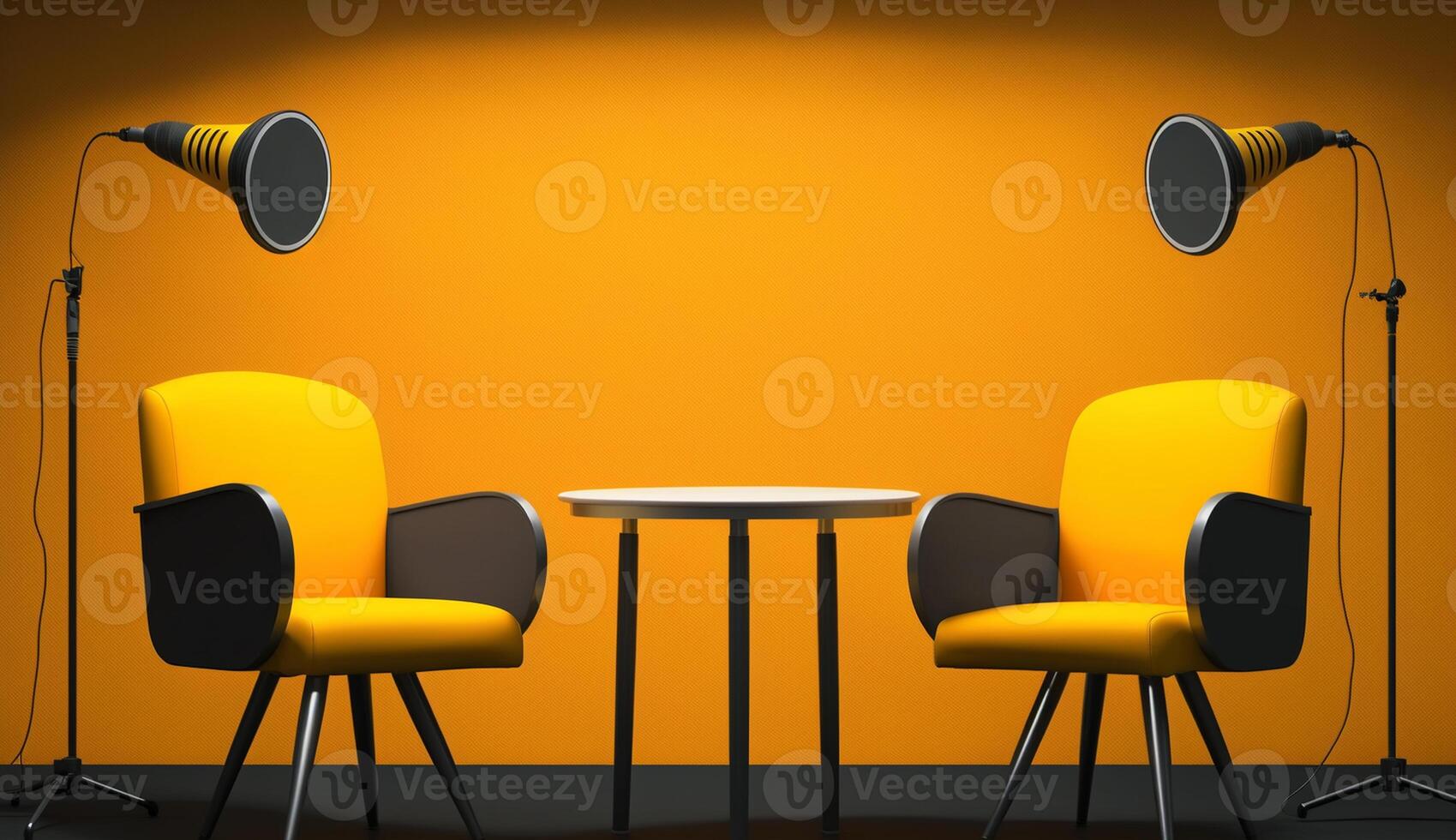 Two chairs and microphones in Studio for podcast or interview, photo