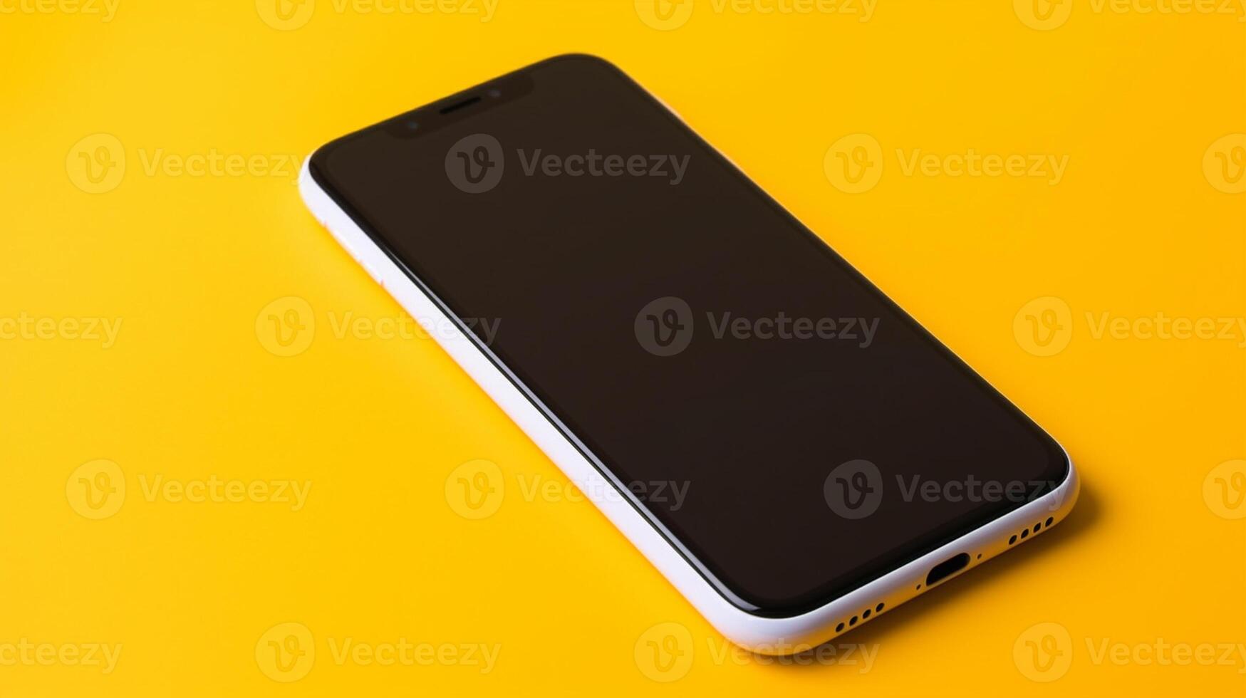 Smartphone with blank black screen on yellow background. top view, photo