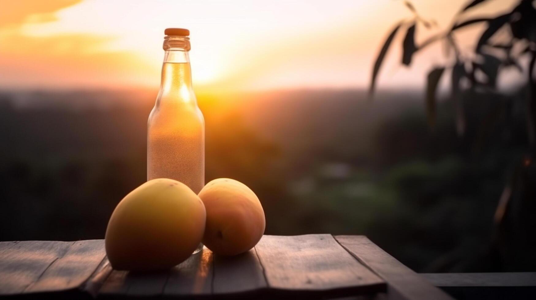 Apricot juice in a bottle on wooden table and sunset background, photo