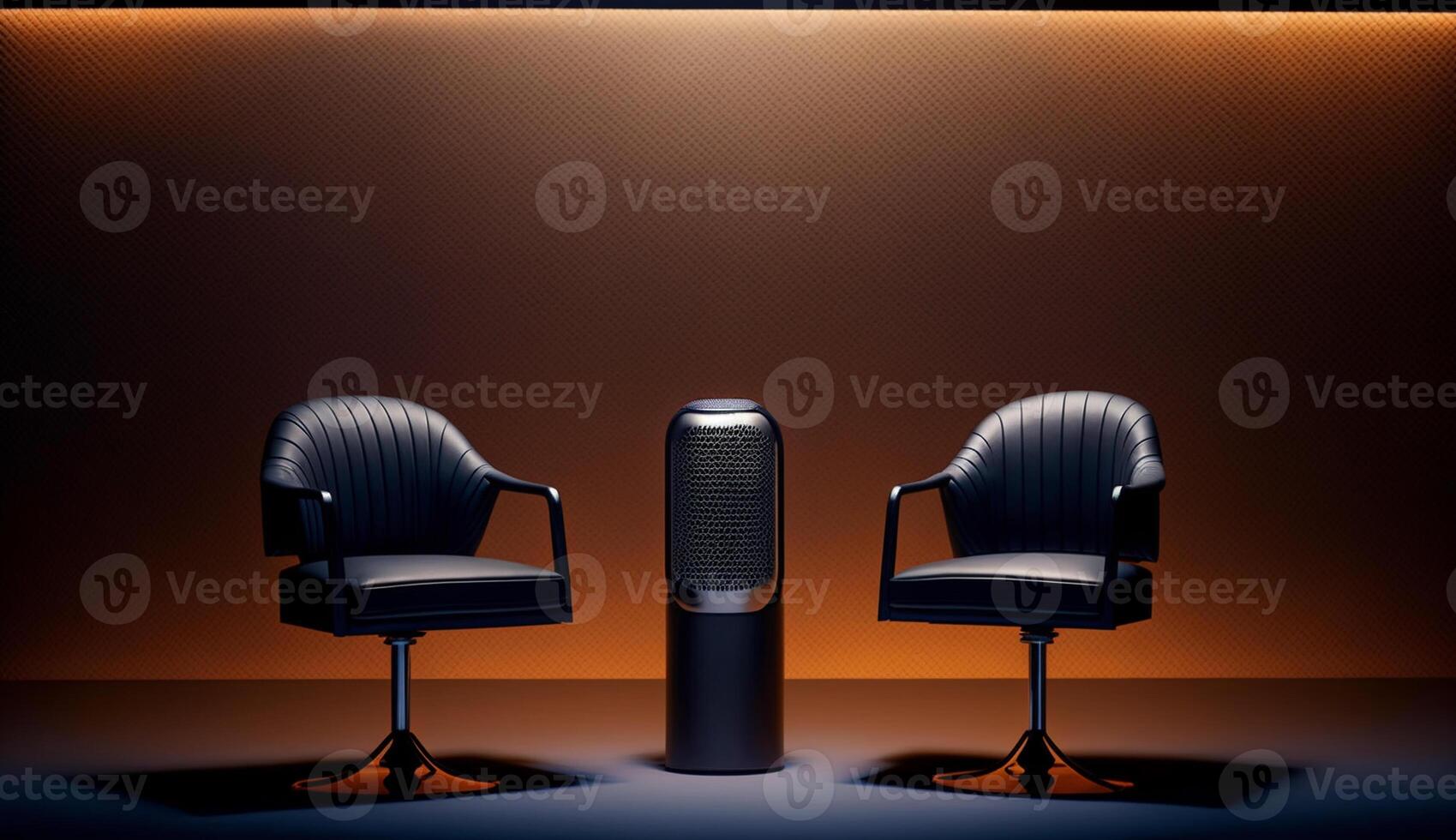 Two chairs and microphones in Studio for podcast or interview, photo