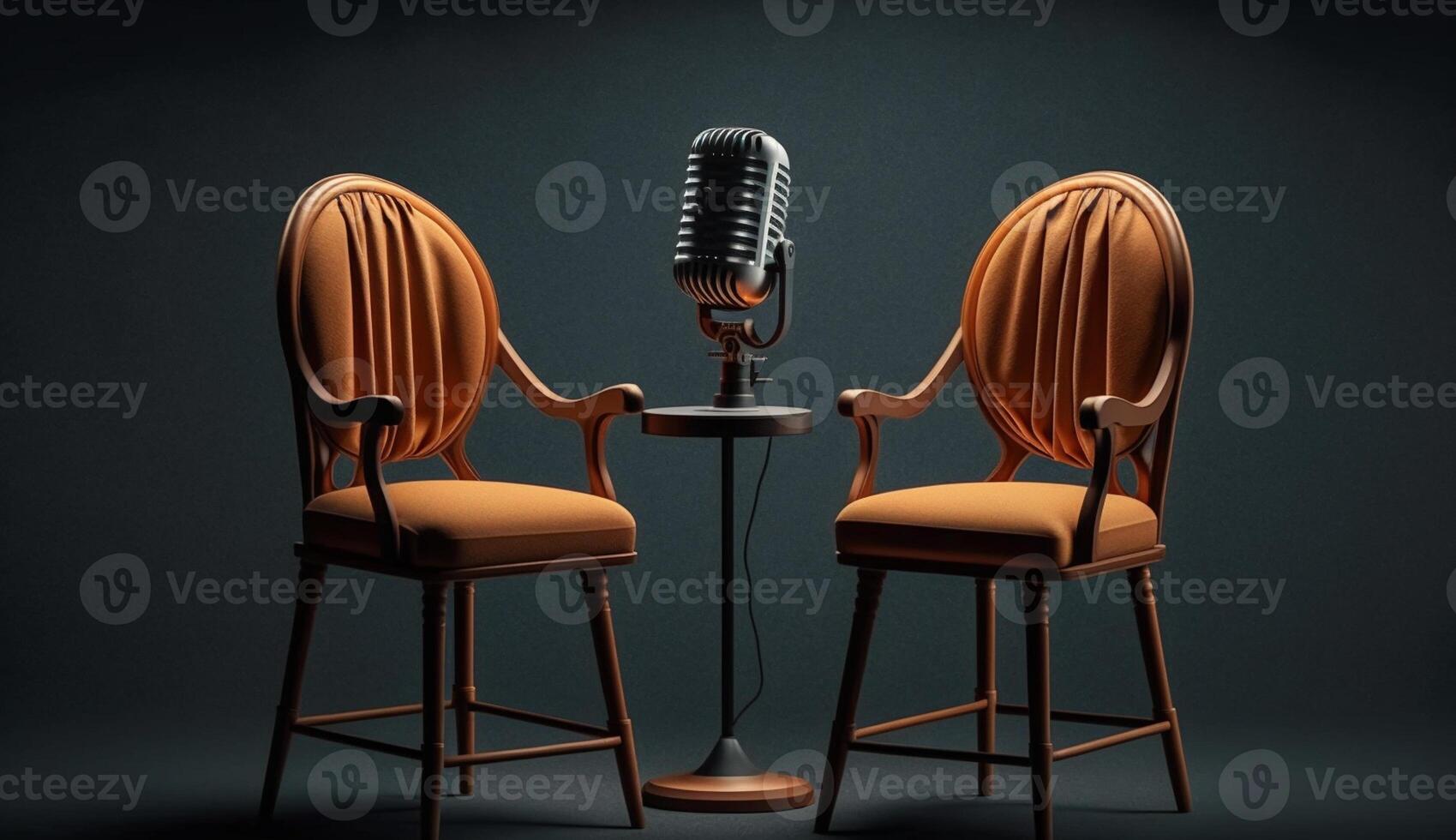 Two chairs and microphones in Studio for podcast or interview, photo