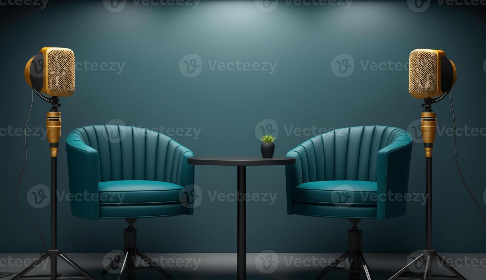 Two chairs and microphones in Studio for podcast or interview, photo