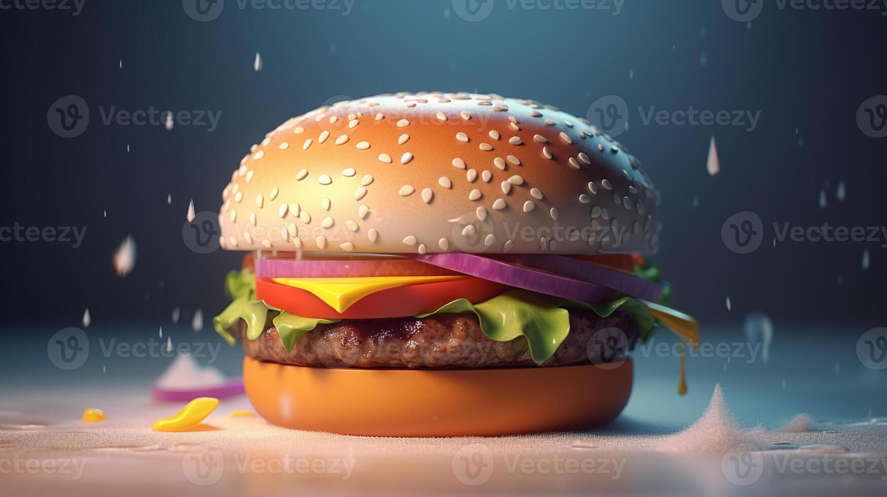 Closeup view of Hamburger with cheese and vegetables on dark background, photo