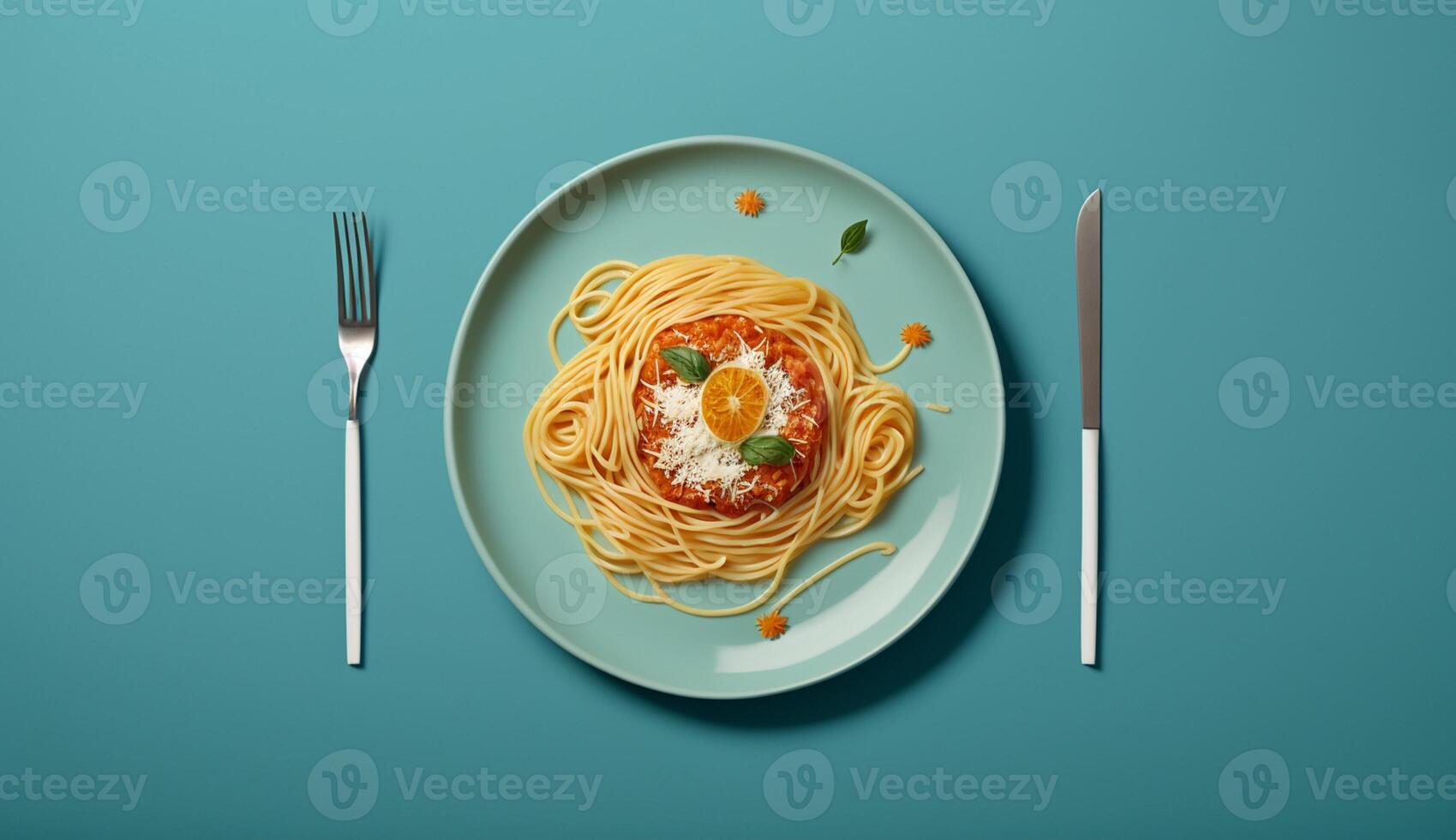 Top View of Spaghetti pasta with tomato sauce and basil on Wooden Table Background, photo