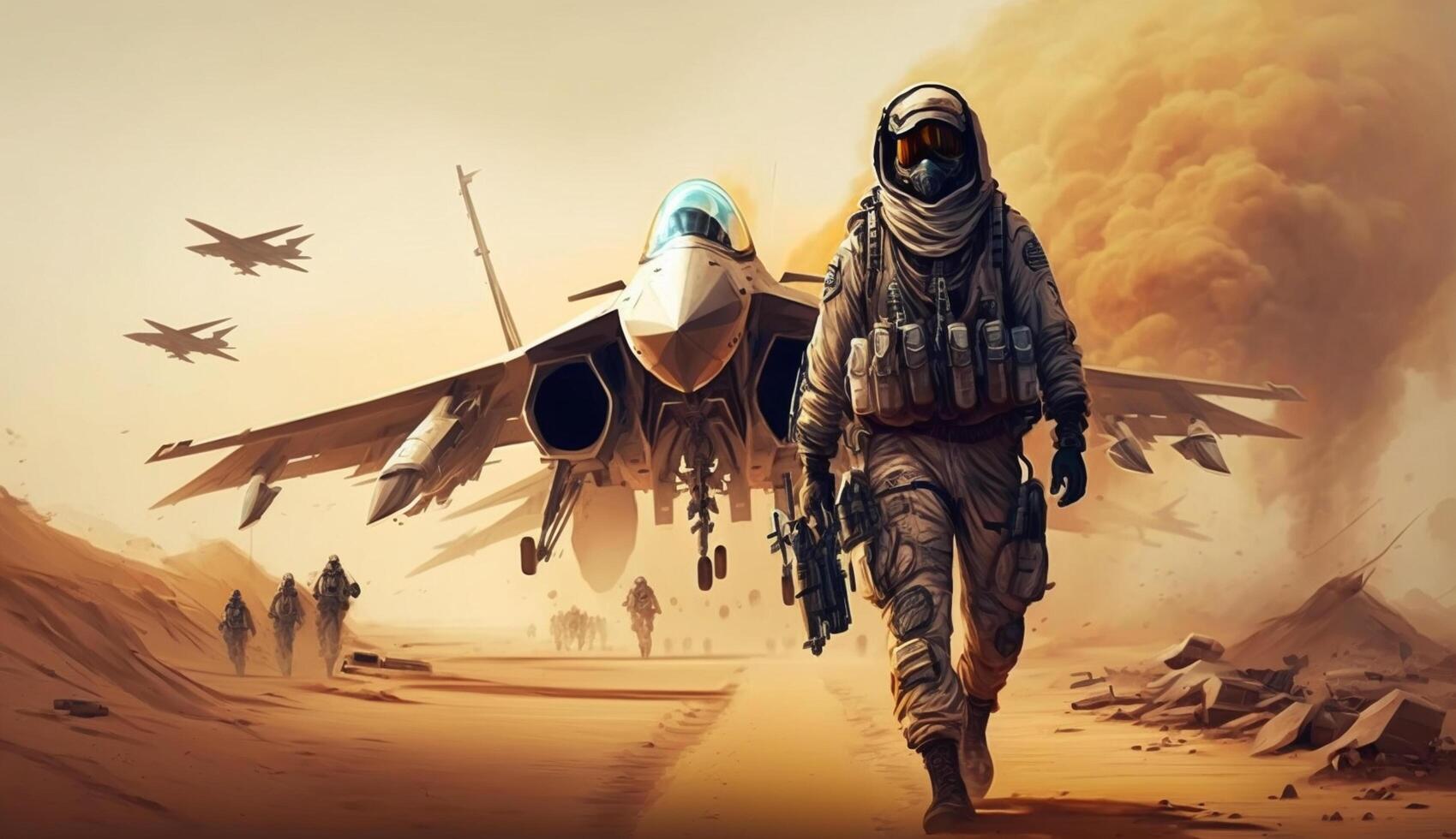 Fighter in a military uniform on a background of fighter planes photo