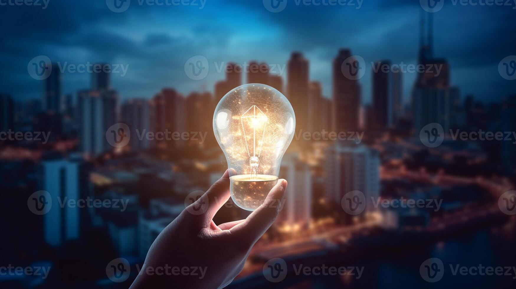 Close up of human hand holding light bulb on dark background, Business Idea Concept, photo