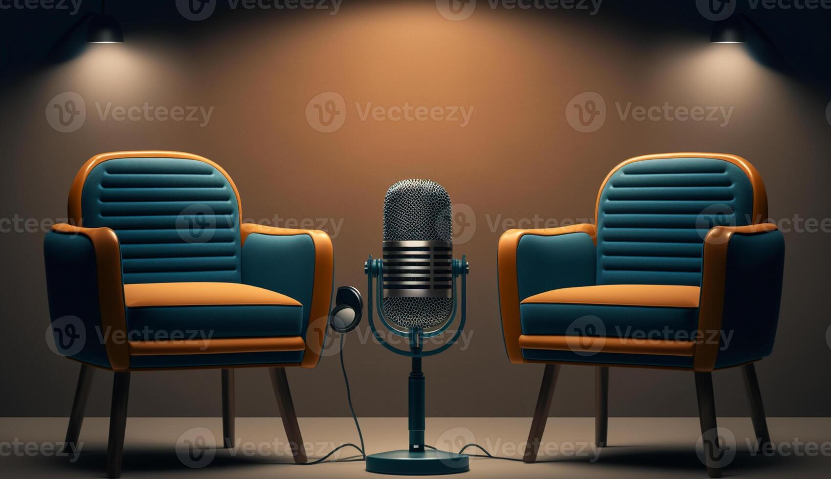 Two chairs and microphones in Studio for podcast or interview, photo