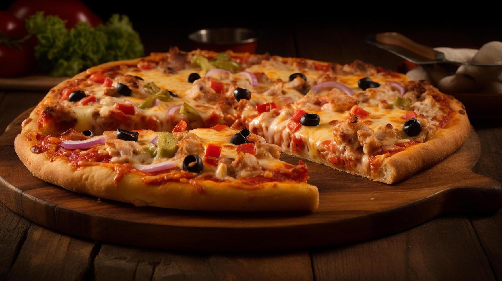 Pepperoni pizza on a wooden board, close-up, photo