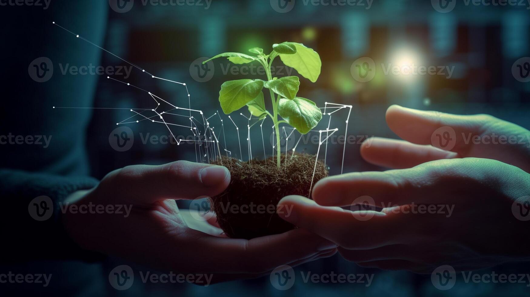 Close up of human hands holding sprout with soil on dark background, photo