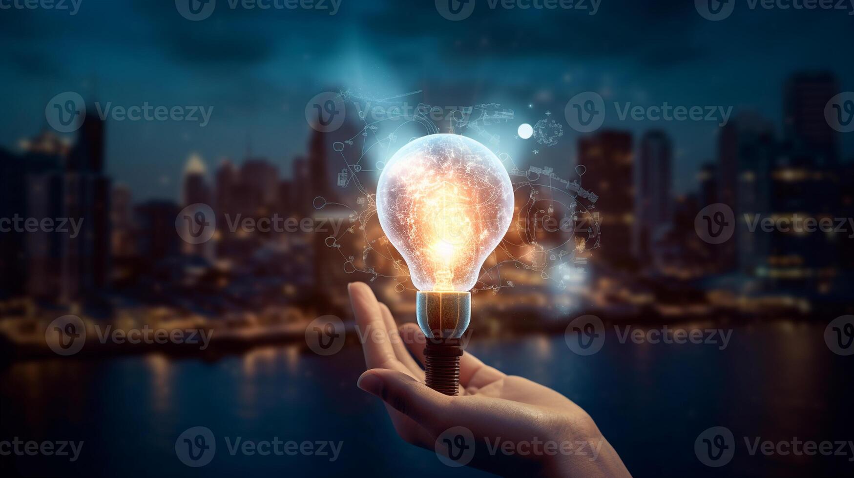 Close up of human hand holding light bulb on dark background, Business Idea Concept, photo