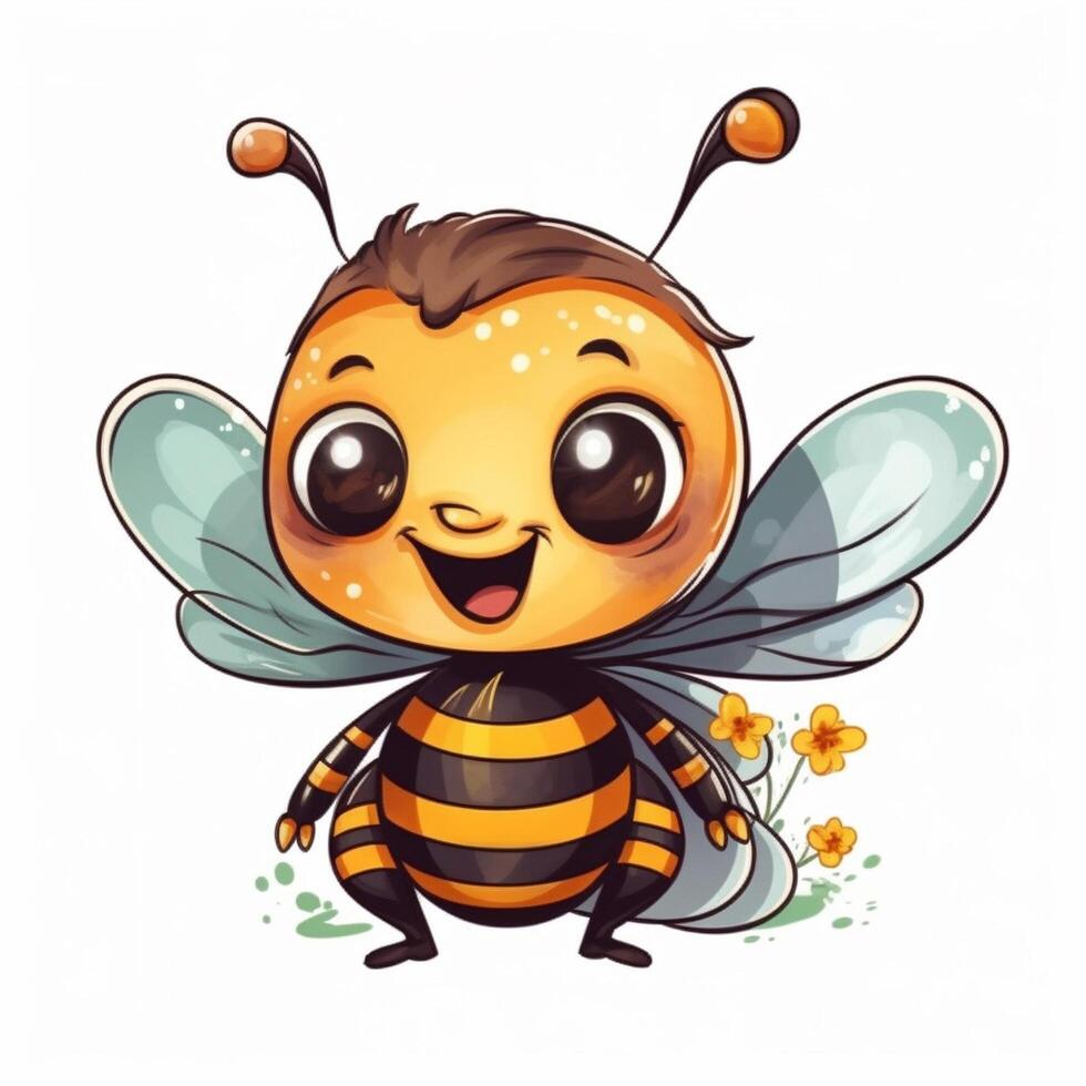 Cute cartoon bee with flowers on white background, photo