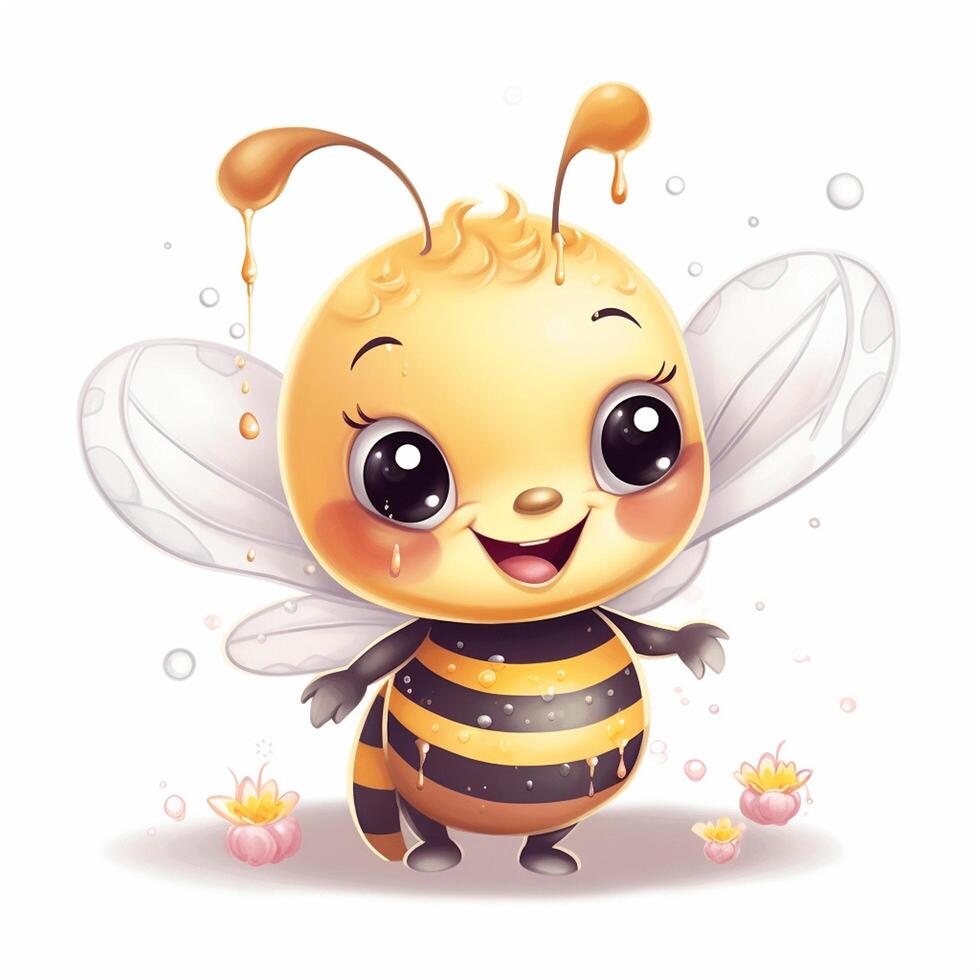 Cute cartoon bee with flowers on white background, photo