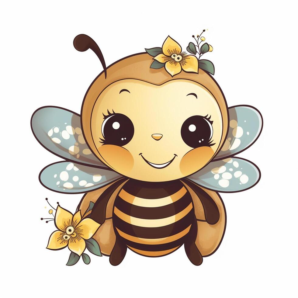 Cute cartoon bee with flowers on white background, photo