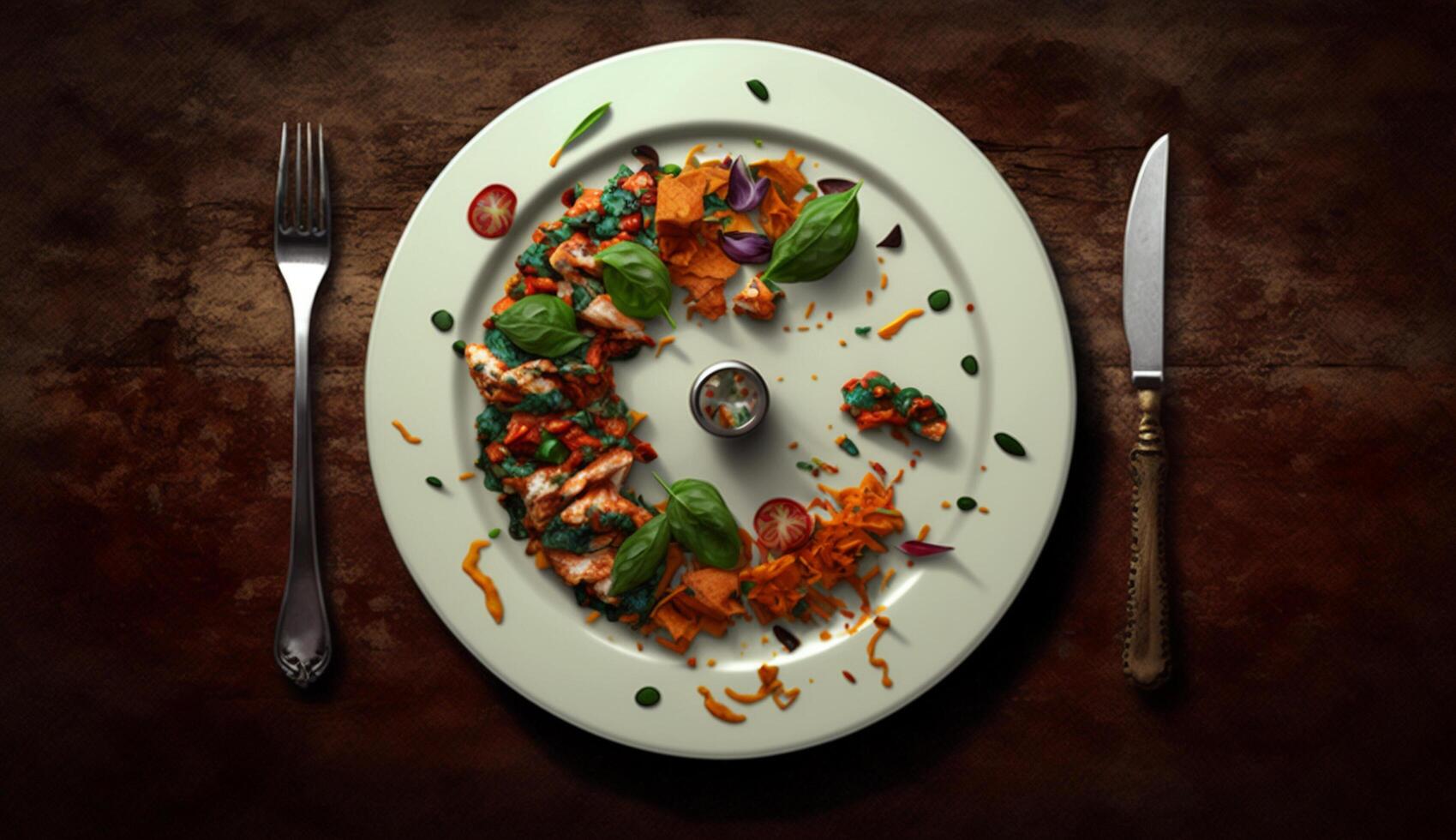 salad in plate top view wooden background, photo