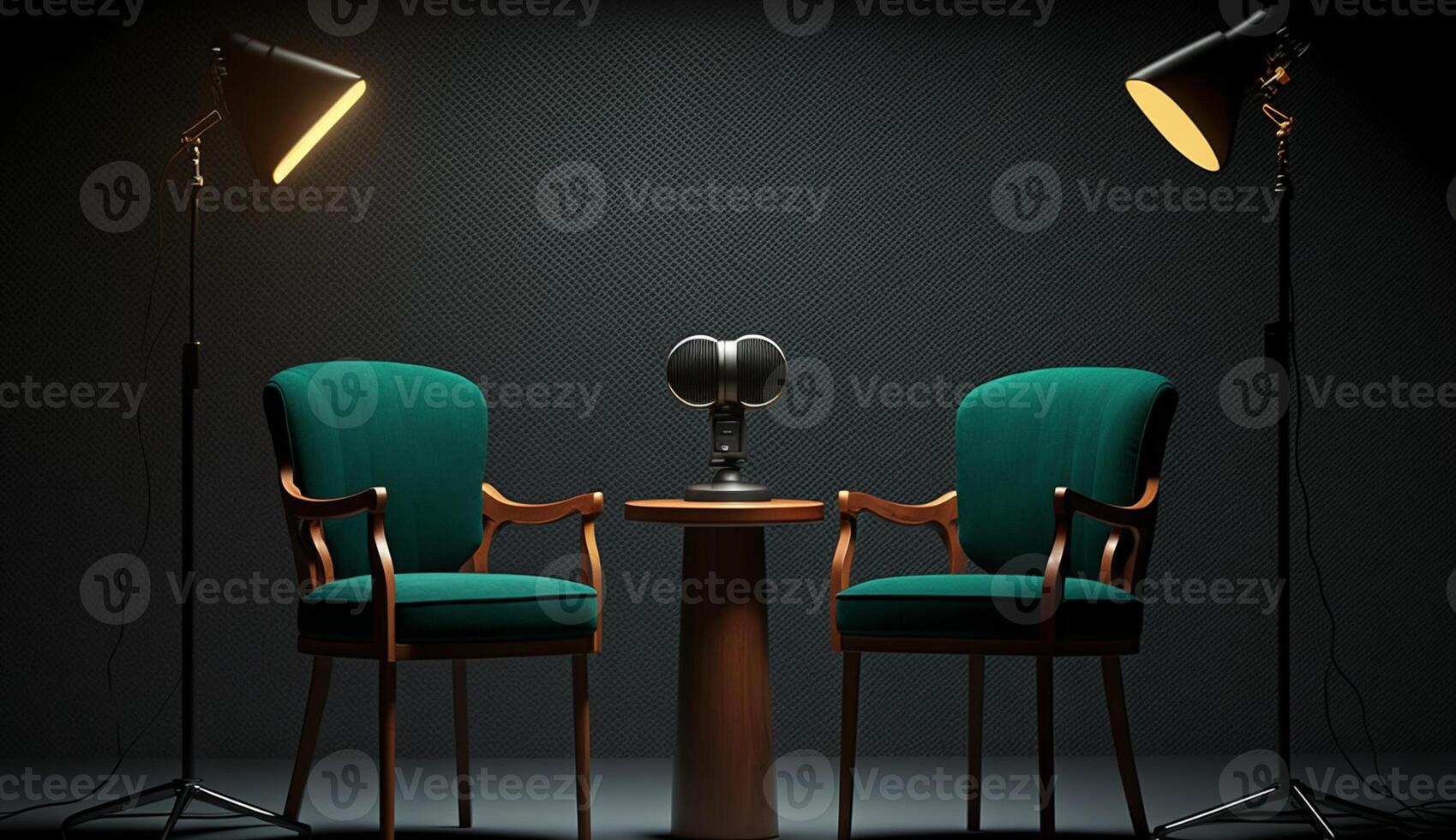 Two chairs and microphones in Studio for podcast or interview, photo