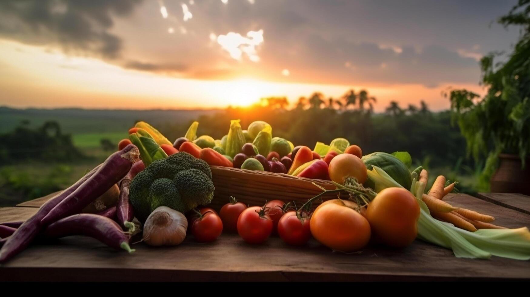 Fresh vegetables on the wooden table in the Village with sunset background, photo