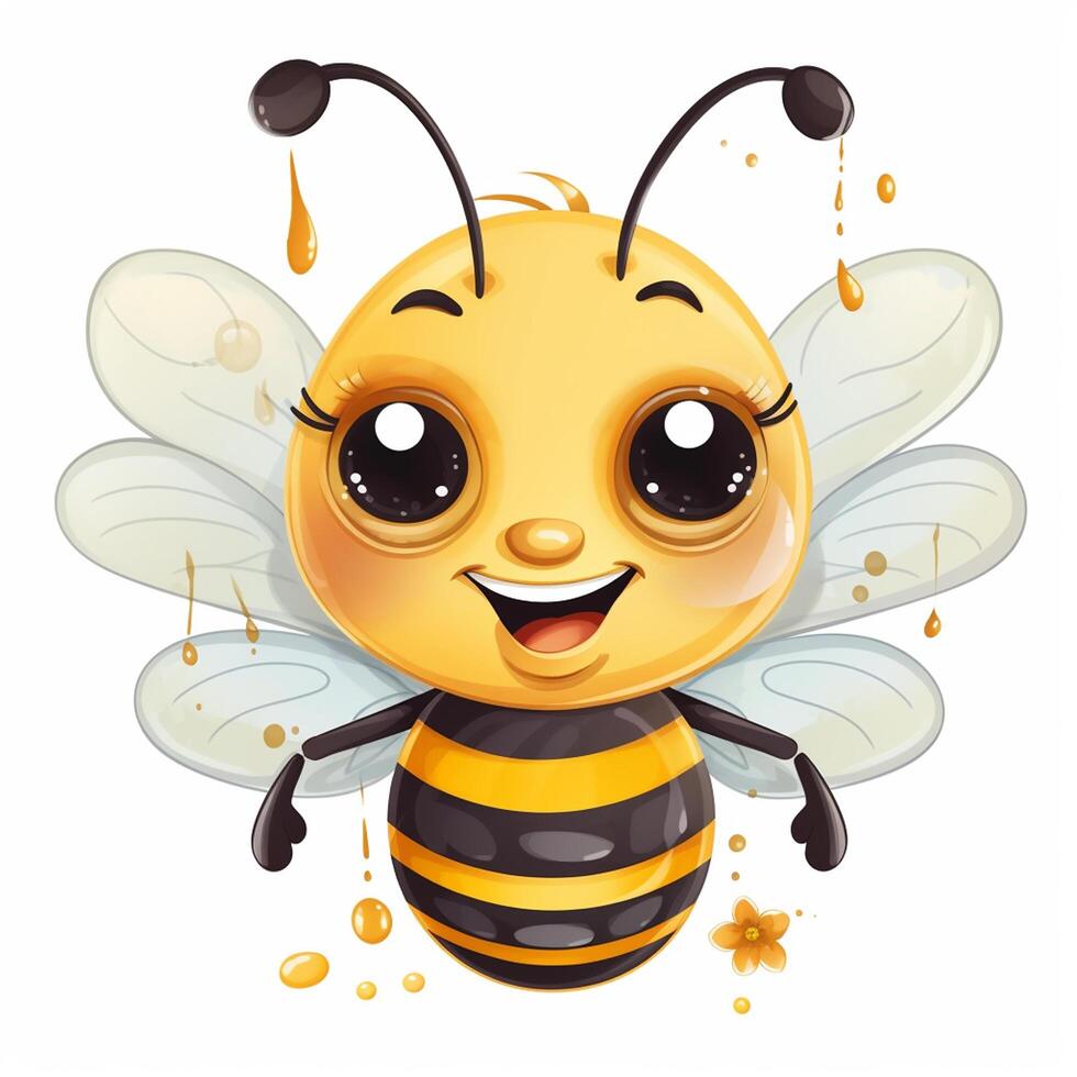 Cute cartoon bee with flowers on white background, photo