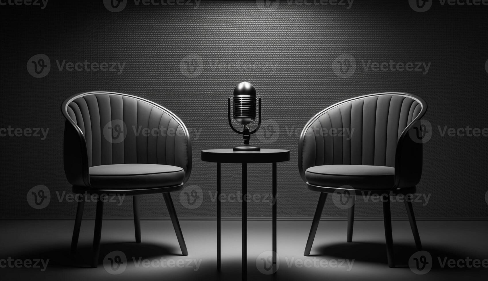 Two chairs and microphones in Studio for podcast or interview, photo