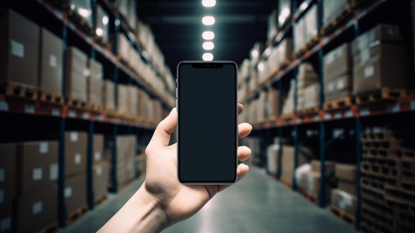 Man hand holding a smartphone over blurred supermarket background, photo