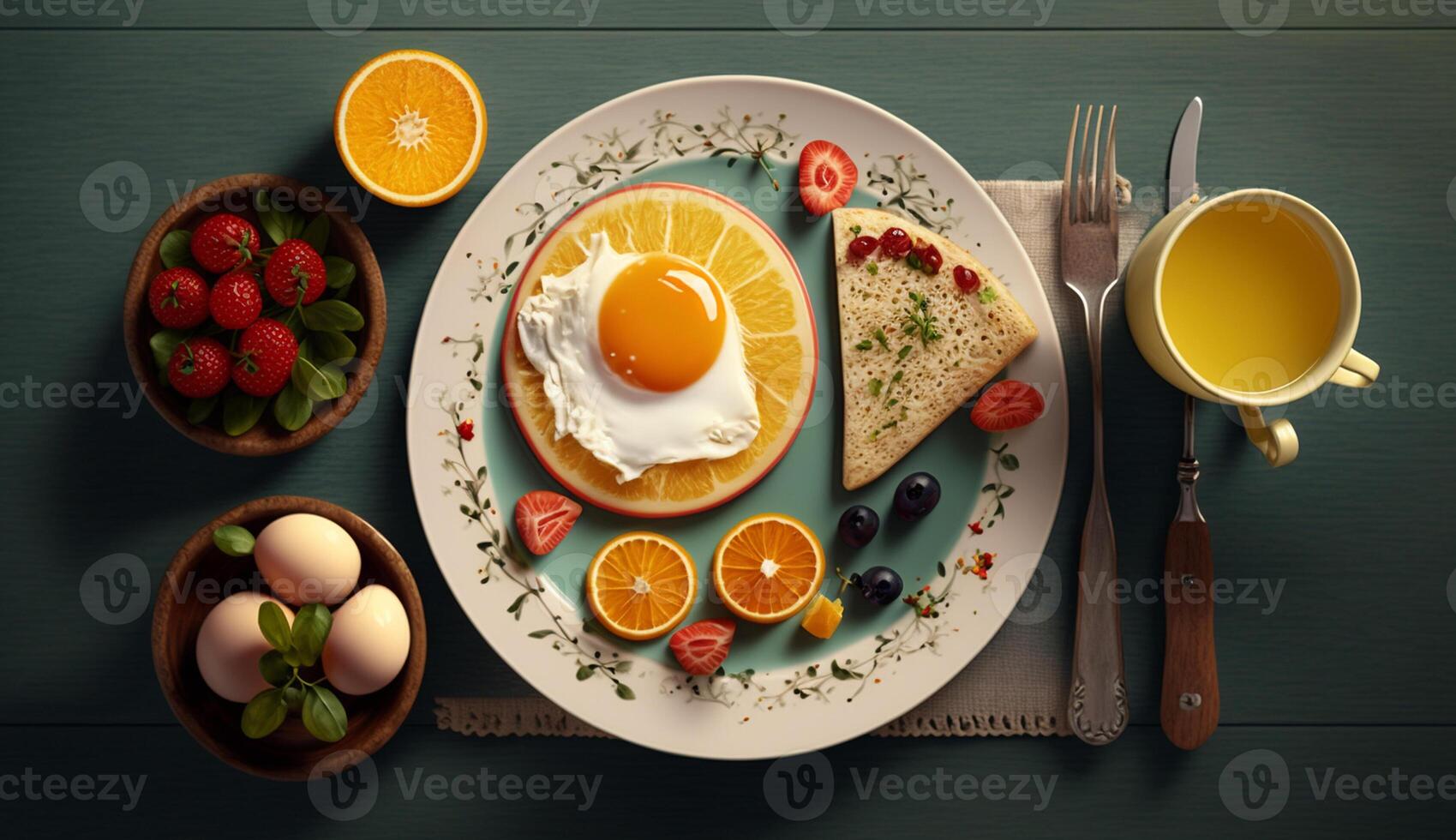 Top view of Healthy breakfast with fried egg, omelet and fruits on a wooden background, photo