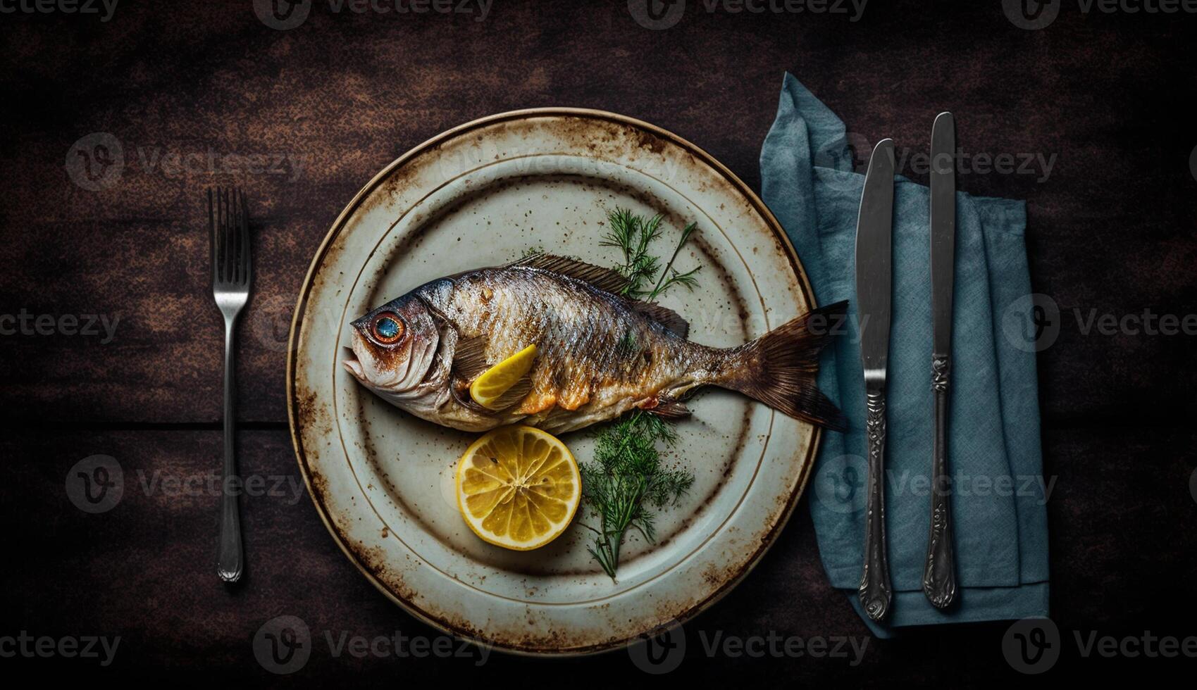 Top view of Fried Fish in plate, photo