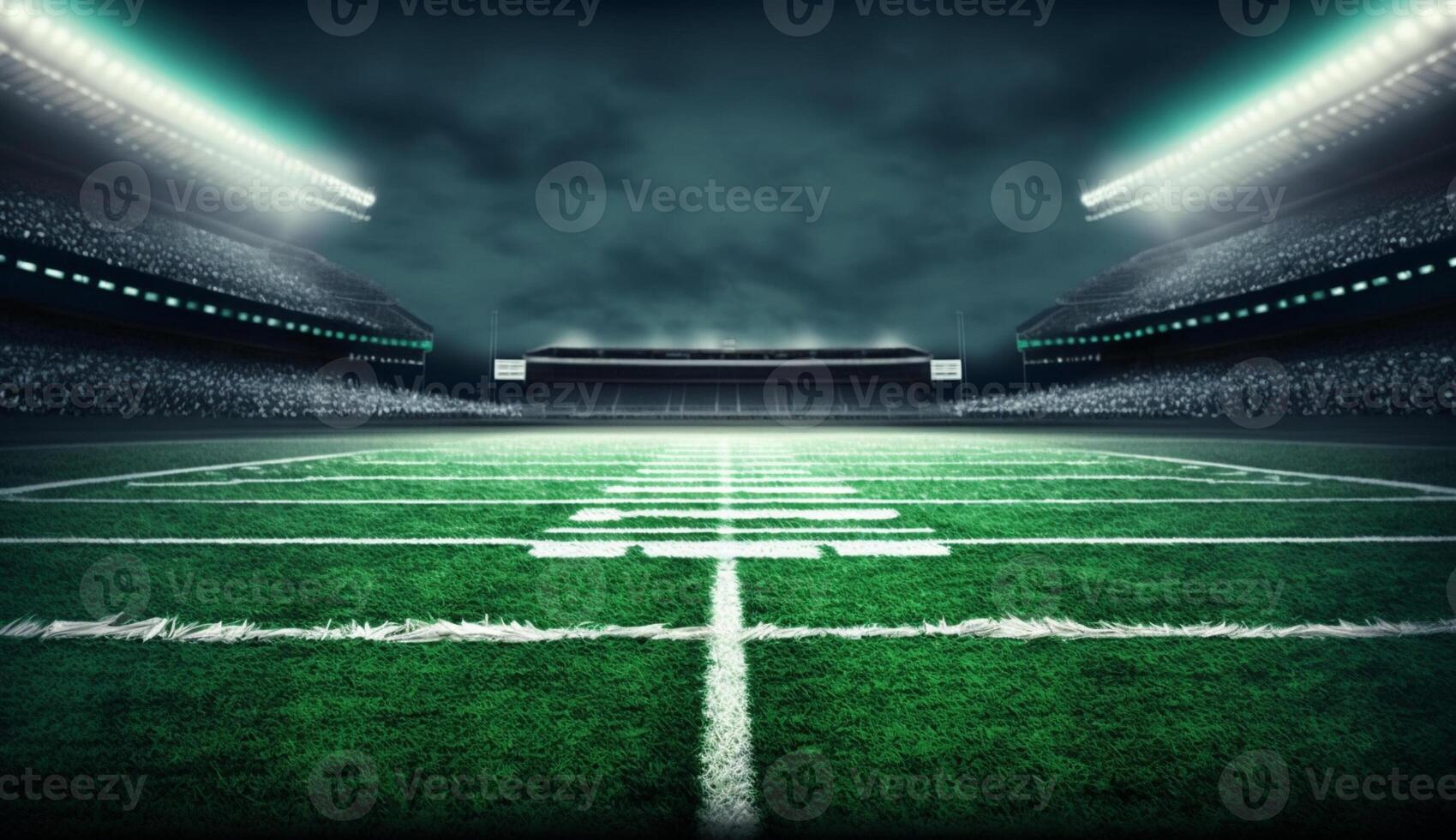 american football stadium with green field and lights, photo